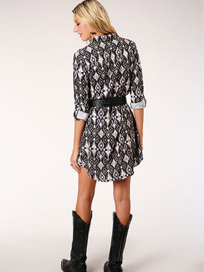 Roper 03-057-0590-7018 BL Ikat Print Long Sleeve Shirt Dress in Black / White Back View