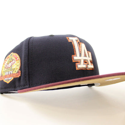 Los Angeles Dodgers 50th Anniversary DODGERS STADIUM New Era 59Fifty Fitted Hat (Navy Maroon Khaki Under Brim)
